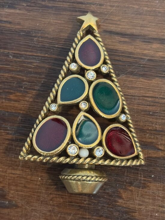 Hobe Jewelry - VTG Hobe Christmas Tree Brooch Rhinestones & Colorful Glass Cabochons Gold Tone
